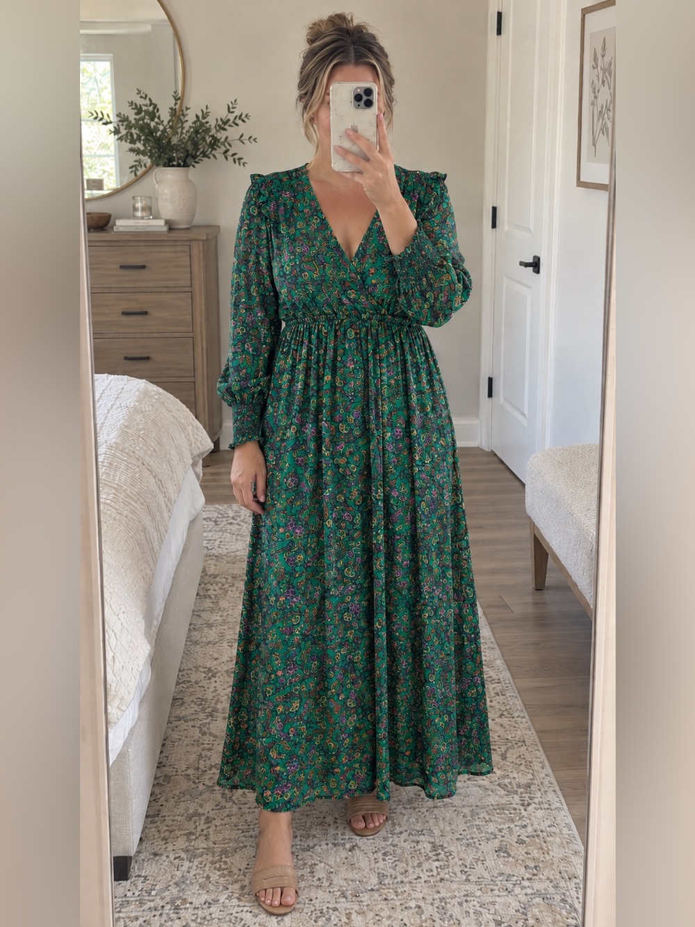 Boden Green Floral Long Sleeve Maxi Dress